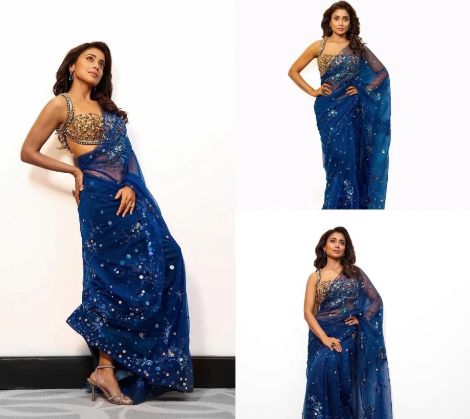 [Photos] Shriya Saran Looks Divine in a Royal Blue See-Through Saree 895675