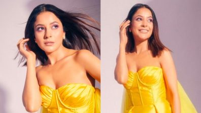 Shehnaaz Gill Looks Like Modern-Day Barbie In Yellow Strapless Mini-dress