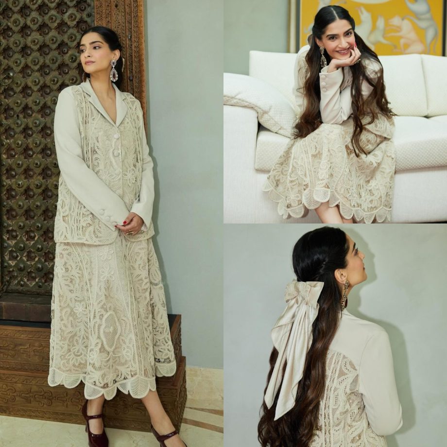Sonam Kapoor Looks Stunning In A Neutral Beaded Blazer And Skirt 894676