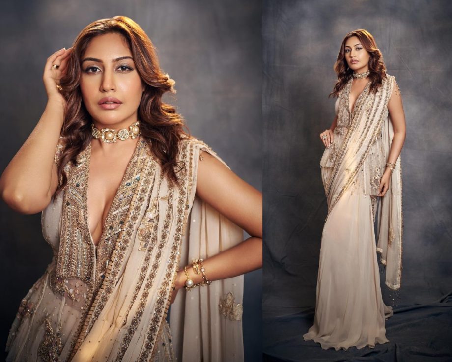 Surbhi Chandna Looks Gorgeous in a Stylish Ivory Saree with a Plunging Neckline Blouse 895331
