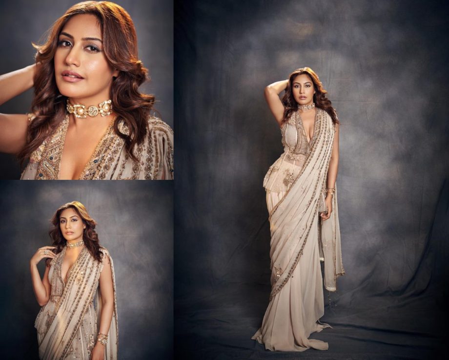 Surbhi Chandna Looks Gorgeous in a Stylish Ivory Saree with a Plunging Neckline Blouse 895333