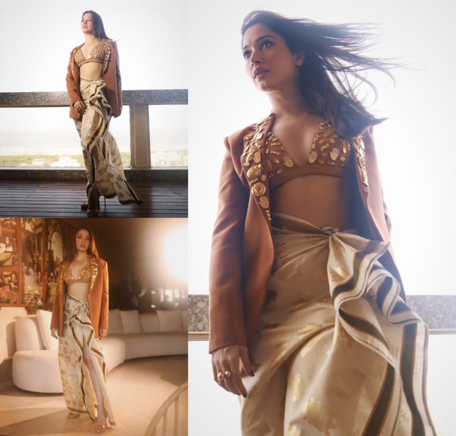 Tamanaah Bhatia Looks Stunning In Tan Indo-Western Outfit With Plunging Bralette 897394