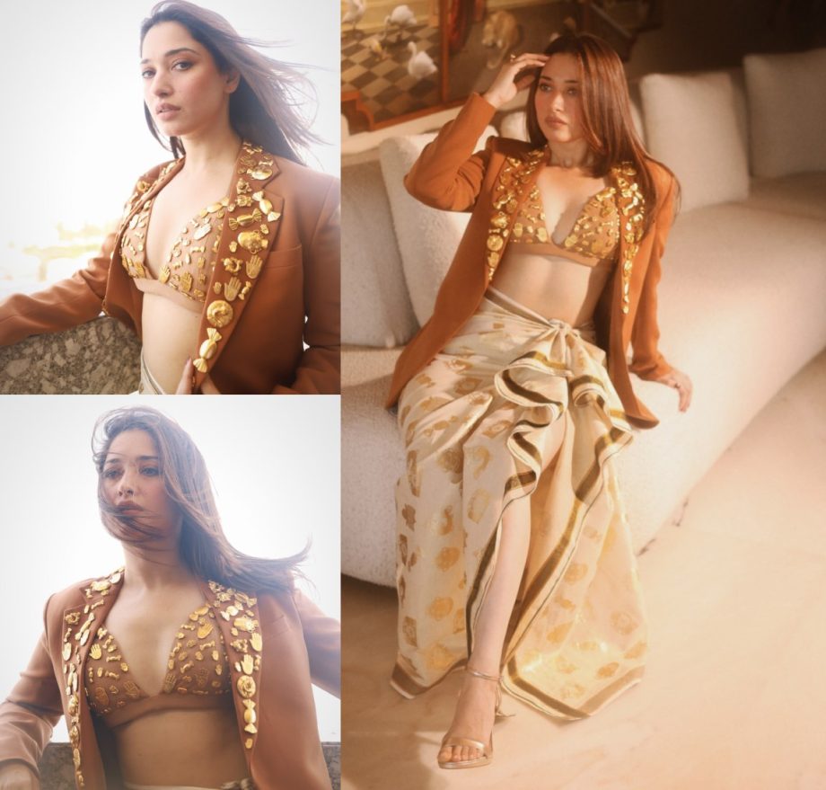 Tamanaah Bhatia Looks Stunning In Tan Indo-Western Outfit With Plunging Bralette 897395