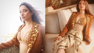 Tamannaah Bhatia Looks Stunning In Tan Indo-Western Outfit With Plunging Bralette