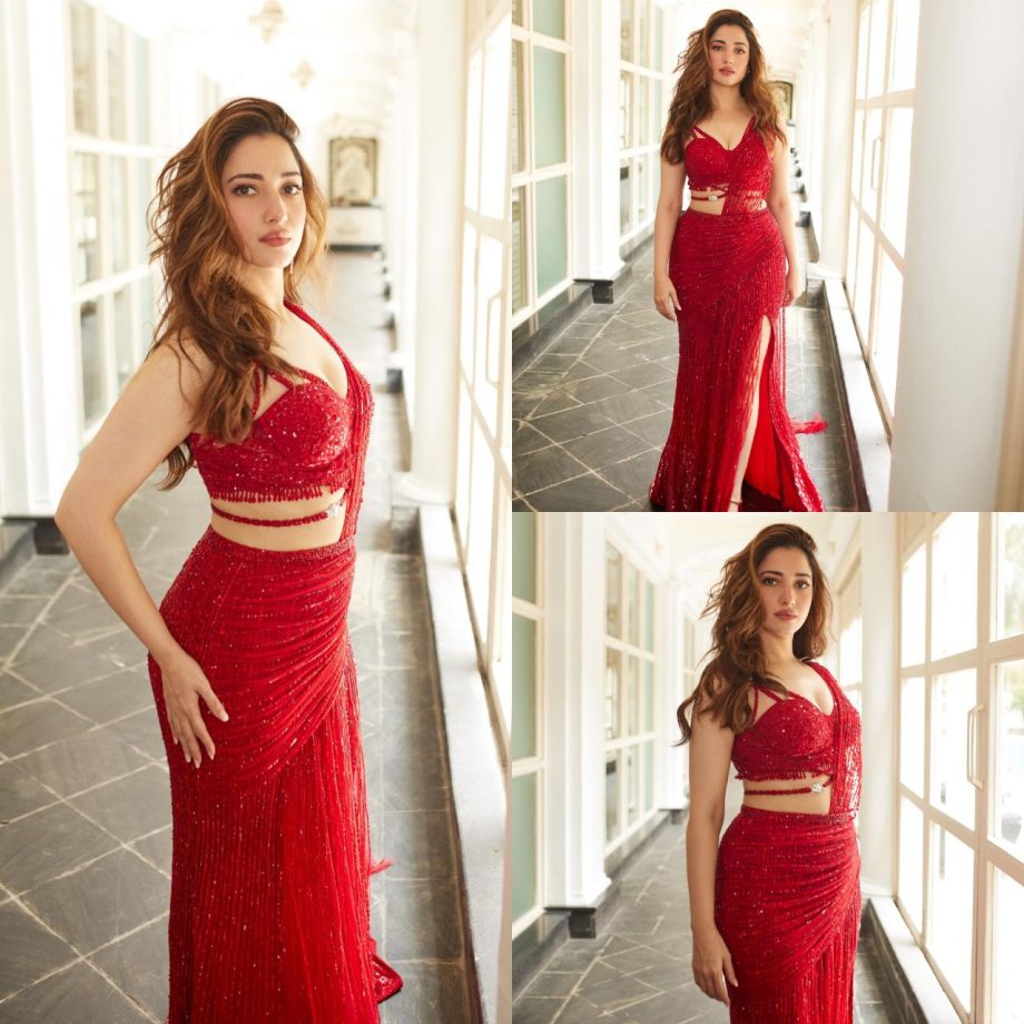 Tamannaah Bhatia Vs. Shriya Saran: Whose Shimmery Red Thigh-high Slit Dress Is Perfect For Cocktail Party? 895262