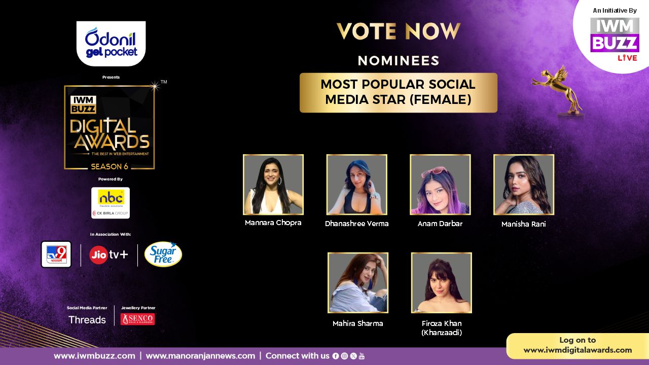 Vote Now: Most Popular Social Media Star (Female): Mannara Chopra, Dhanashree Verma, Anam Darbar, Manisha Rani, Mahira Sharma, Firoza Khan (Khanzaadi) 895594