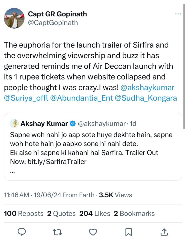 From Dreamer to Doer: GR Gopinath's Rousing Support Elevates Sarfira's Journey to Success 901576