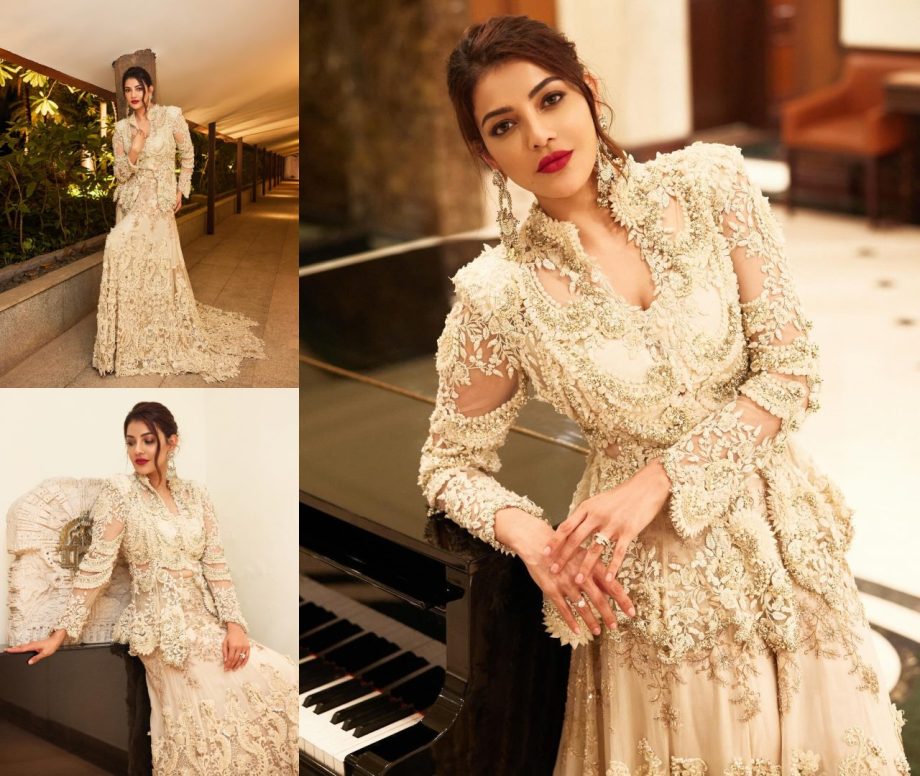 Kajal Aggarwal Looks Divine In Anamika Khanna's Ivory Jacket And Trail Skirt 899544