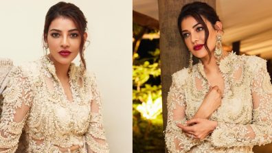 Kajal Aggarwal Looks Divine In Anamika Khanna’s Ivory Jacket And Trail Skirt