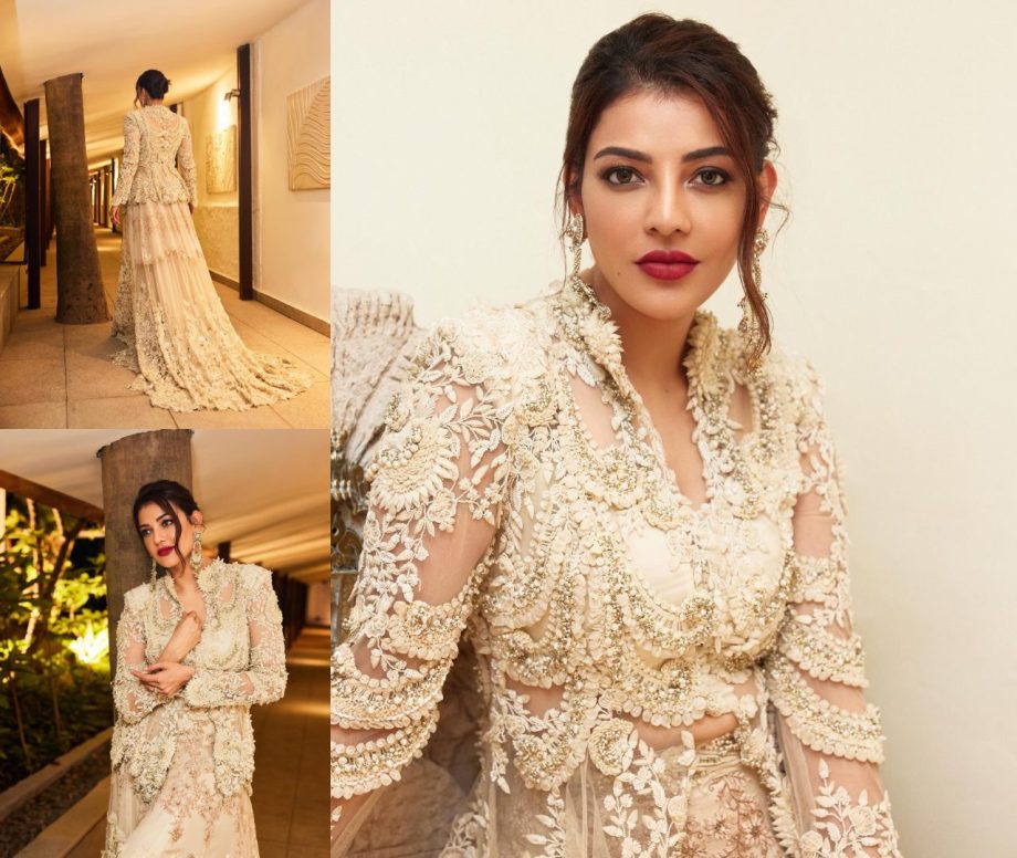 Kajal Aggarwal Looks Divine In Anamika Khanna's Ivory Jacket And Trail Skirt 899543