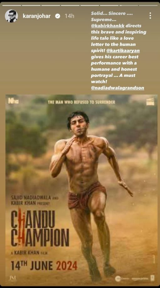 Karan Johar Applauds Kartik Aaryan's Performance In Chandu Champion Says, 