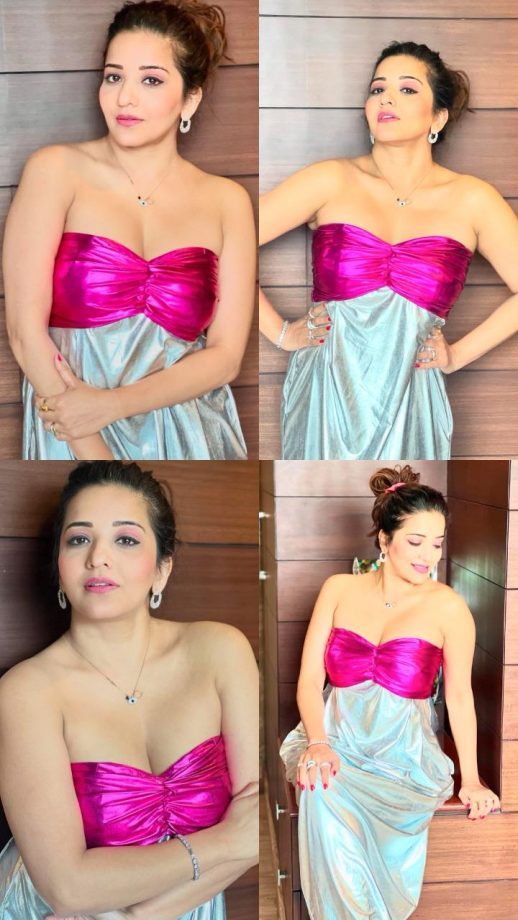 Monalisa Looks Stunning In A Strapless Metallic Dress With Silver Earrings, See Photos! 900140