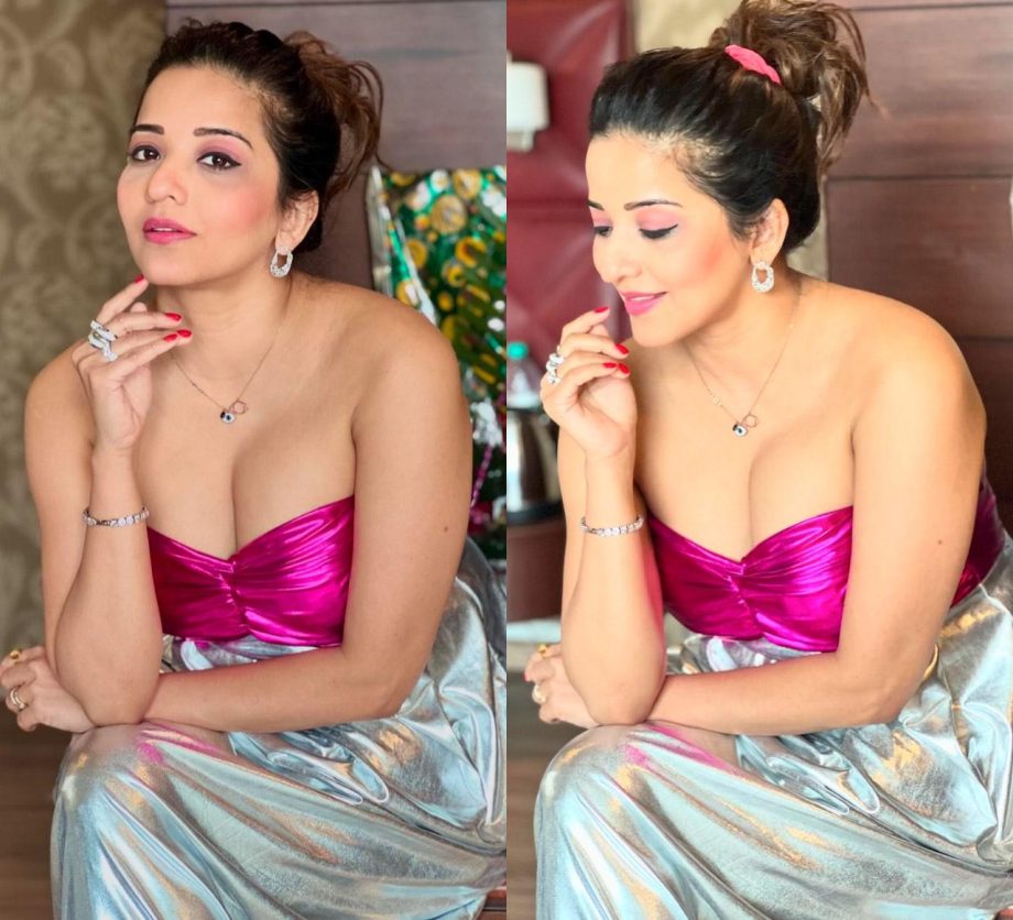 Monalisa Looks Stunning In A Strapless Metallic Dress With Silver Earrings, See Photos! 900139