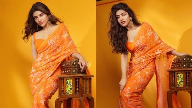 [Photos] Sreeleela Looks Dripping In Tangerine Printed Saree With Modern Blouse Design