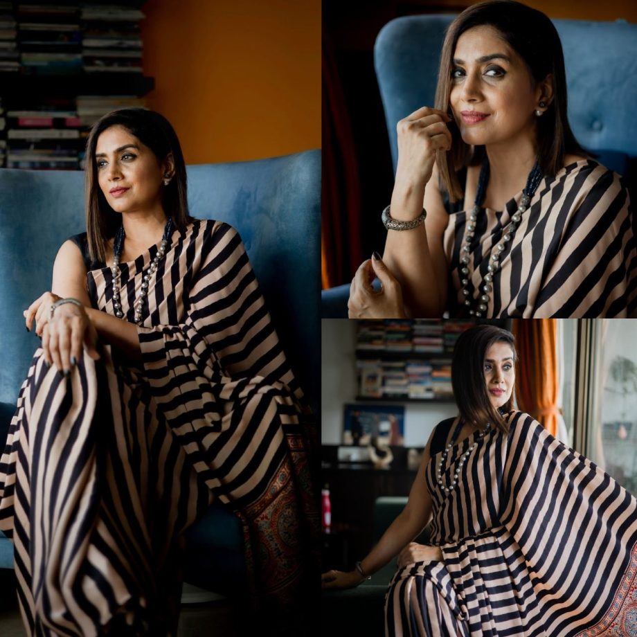 [Pics] Sonali Kulkarni Flaunts Vintage Fashion In Stripes Printed Saree With Sleeveless Blouse 902347