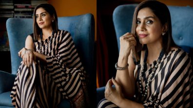 [Pics] Sonali Kulkarni Flaunts Vintage Fashion In Stripes Printed Saree With Sleeveless Blouse