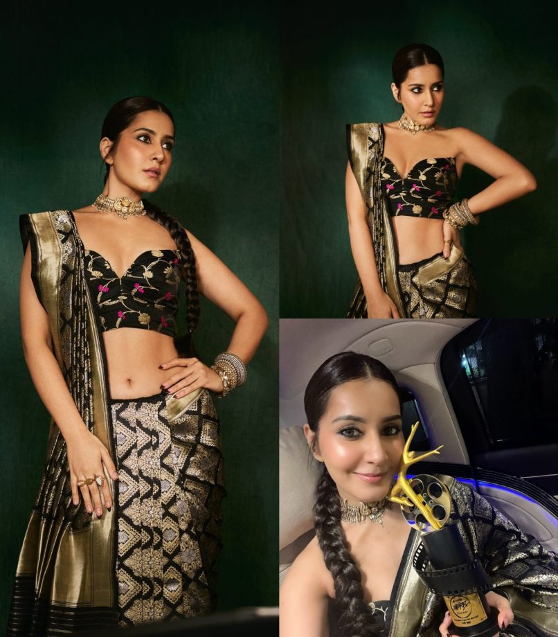 Raashii Khanna Turns' Regal Beauty' In Black Silk Saree With Strapless Blouse 899929