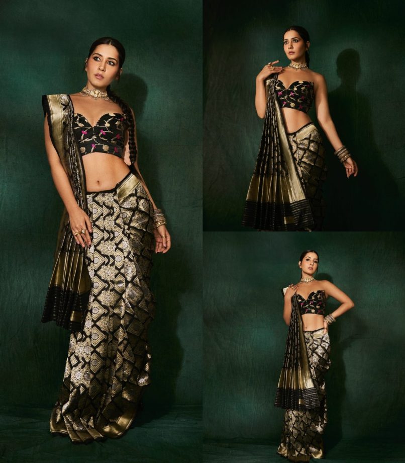Raashii Khanna Turns' Regal Beauty' In Black Silk Saree With Strapless Blouse 899930