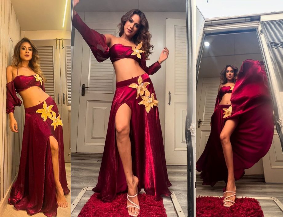 Suhagan Chudail Actress Nia Sharma Stuns In Silk Maroon Blouse And Slit Skirt 898514