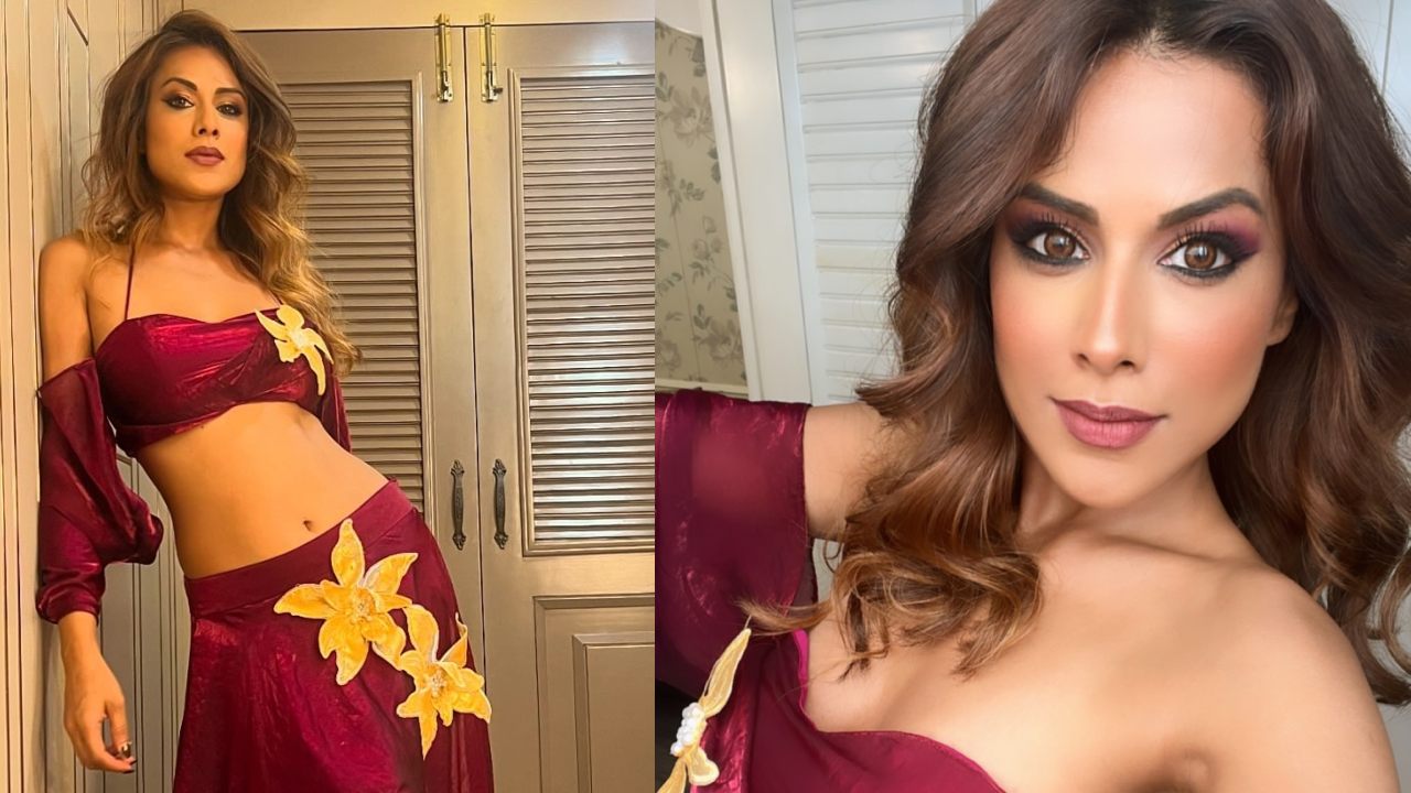 Suhagan Chudail Actress Nia Sharma Stuns In Silk Maroon Blouse And Slit Skirt 898512