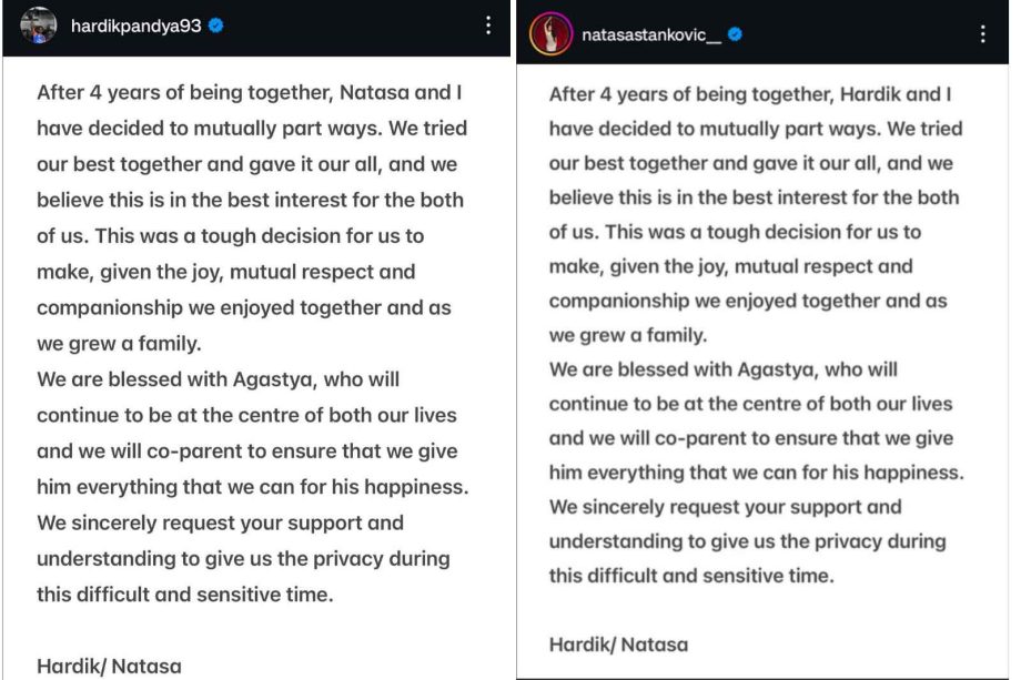 Hardik Pandya & Natasa Stankovic part ways; make an official statement 907720