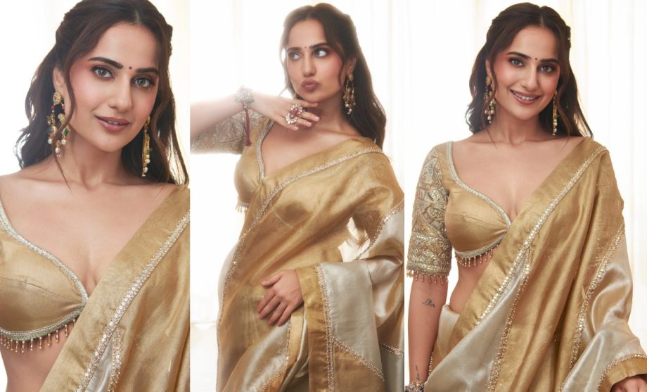 Influencer Turn Actor Kusha Kapila Shares Sizzling Photos In Golden And Ivory Saree With Deep Neck Matching Blouse 909103