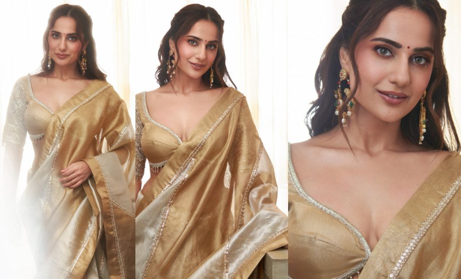 Influencer Turn Actor Kusha Kapila Shares Sizzling Photos In Golden And Ivory Saree With Deep Neck Matching Blouse 909102