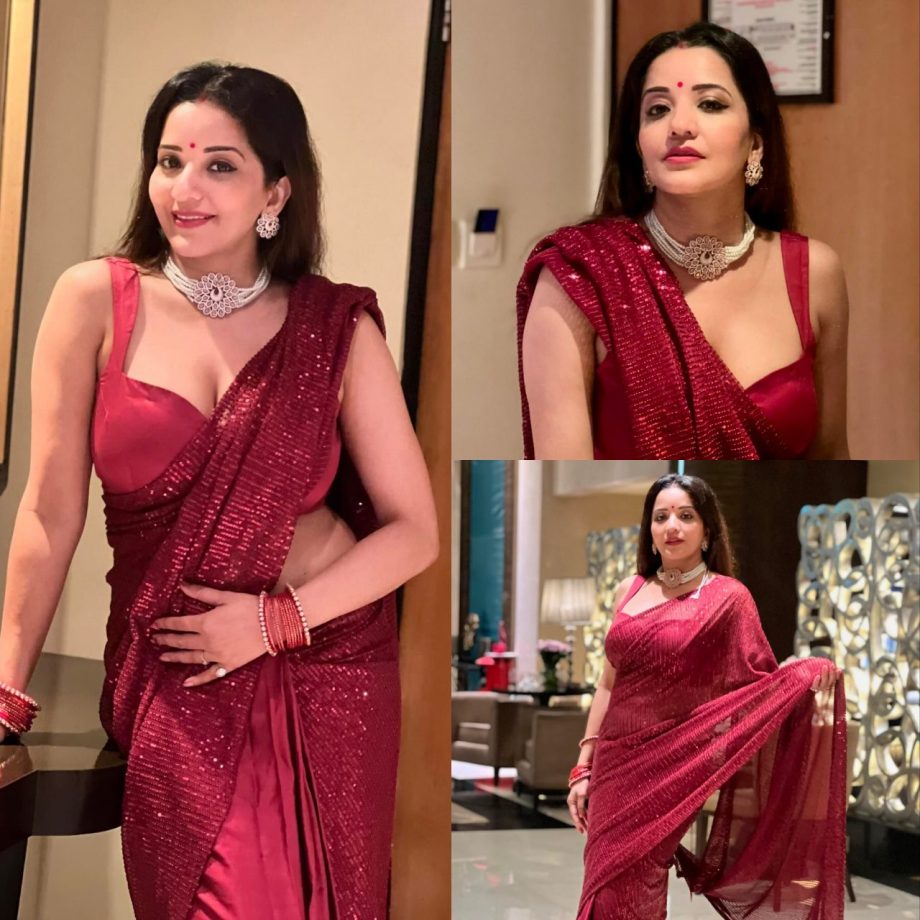 Nazar Fame Monalisa Shines In Sizzling Dark Red Saree With Sleeveless Blouse 906827
