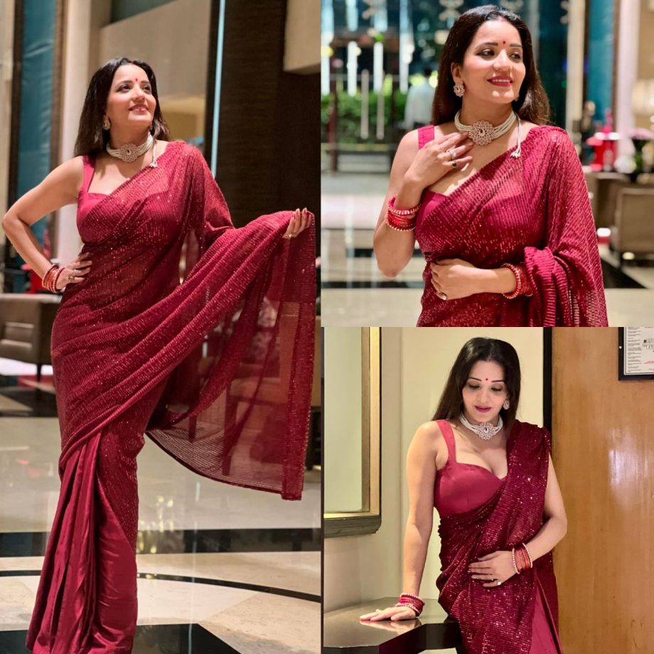 Nazar Fame Monalisa Shines In Sizzling Dark Red Saree With Sleeveless Blouse 906826