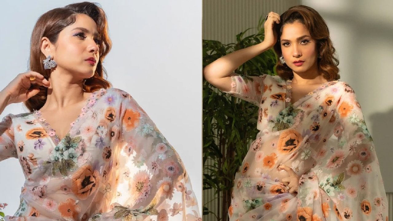 [Photos] Ankita Lokhande Looks Stunning In Floral Organza Saree With Deep Neck Blouse