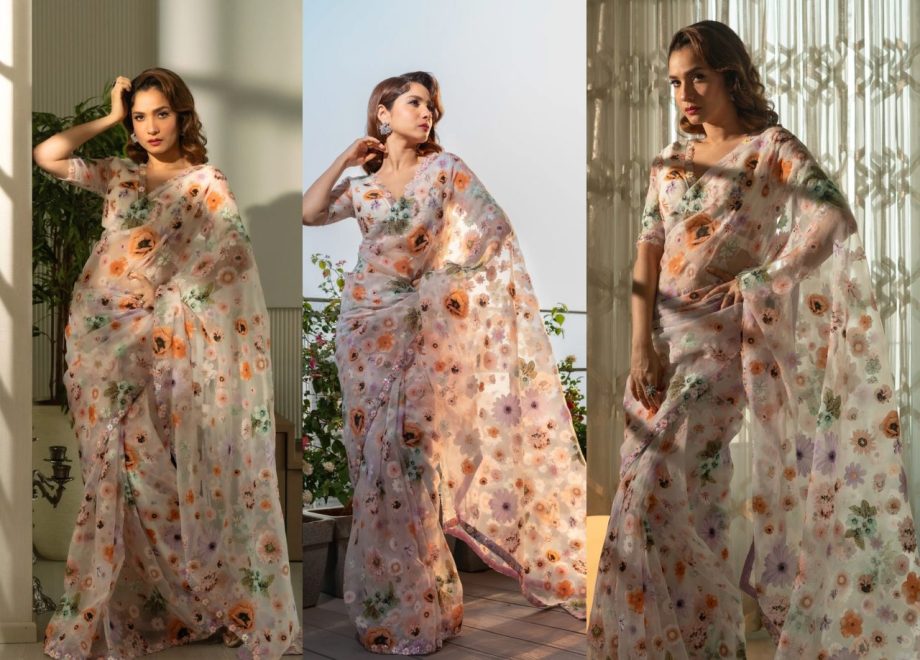 [Photos] Ankita Lokhande Looks Stunning In Floral Organza Saree With Deep Neck Blouse 905307
