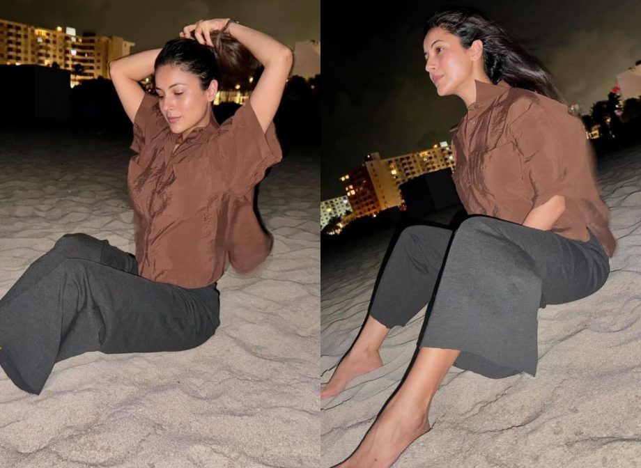 [Photos] Shehnaaz Gill Redefines Beachwear In A Brown Crop Shirt And Black Flared Pants 908991
