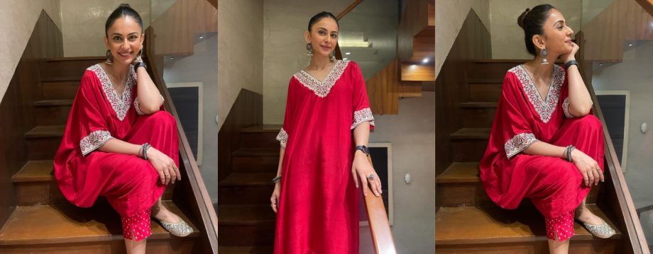 Rakul Preet Singh Stuns in Red Embroidered Kurta Set, Perfect for Weddings and Festive Celebrations 910374