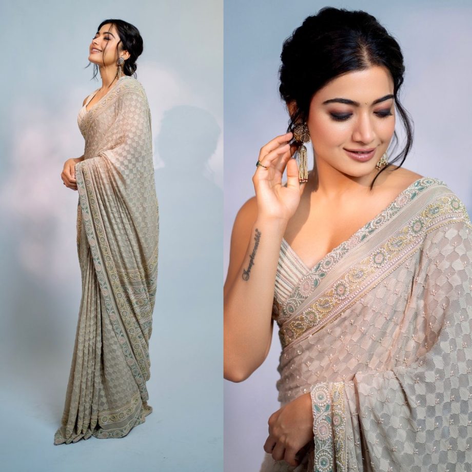 Rashmika Mandana Stuns in Elegant Saree, Smoky Eyes, and Sleek Bun Hairstyle, Shows Off Confident Tattoo 906245