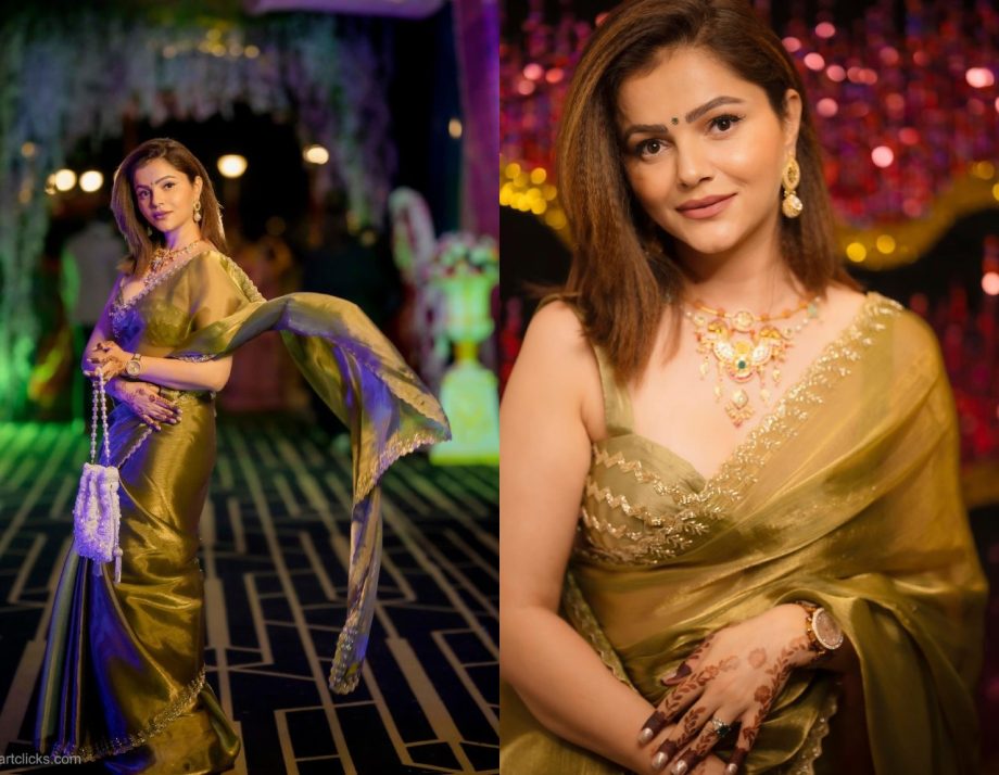 Rubina Dilaik's Stunning Green Satin Chiffon Saree With A Designer Blouse Making It Perfect For Your Wedding 907353