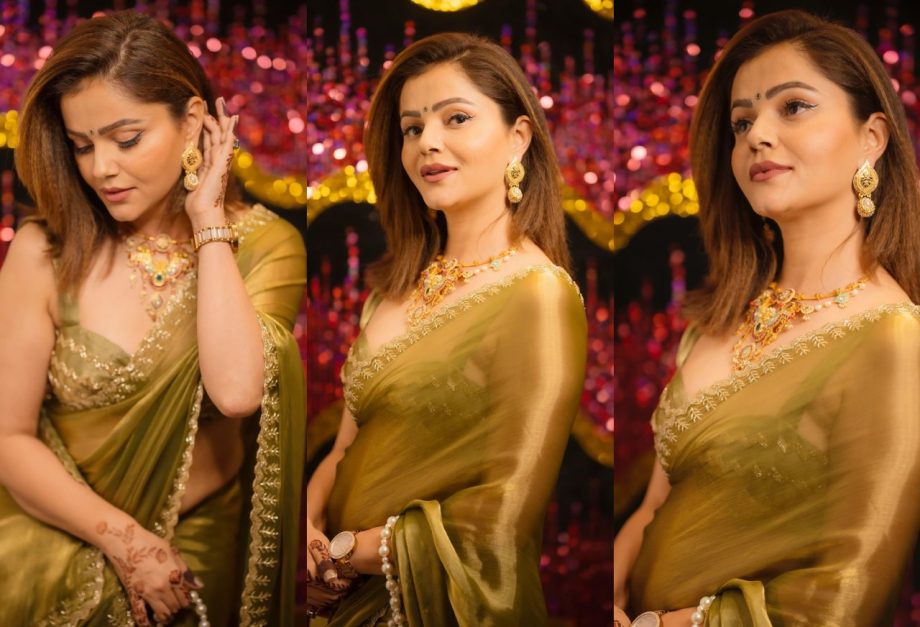 Rubina Dilaik's Stunning Green Satin Chiffon Saree With A Designer Blouse Making It Perfect For Your Wedding 907352