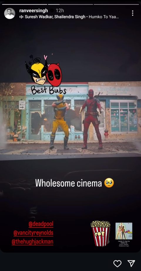 Ryan Reynolds reshares Ranveer Singh’s shoutout post as the latter watches Deadpool and Wolverine; “When it Ryans, it Pours” and this is our two favourite HEROES talking!! 910379