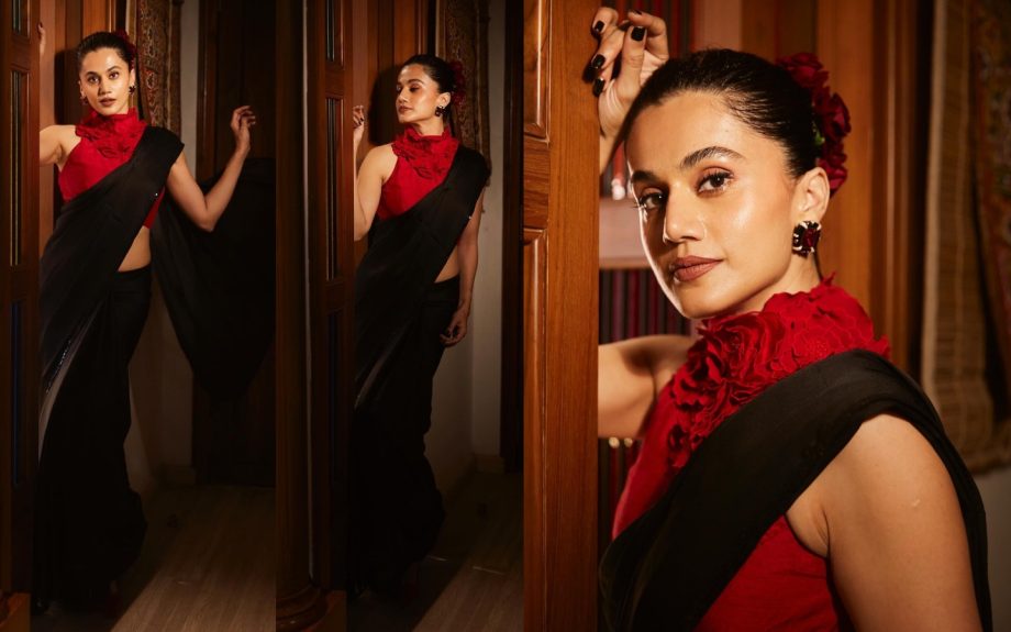 Taapsee Pannu Slays in Black Saree with Red Halter Neck Blouse 909751