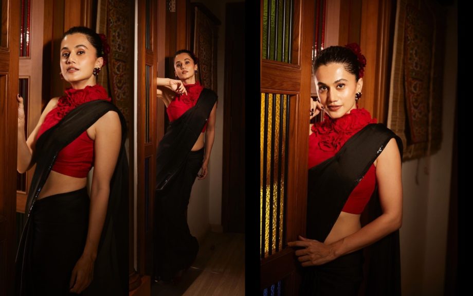 Taapsee Pannu Slays in Black Saree with Red Halter Neck Blouse 909750