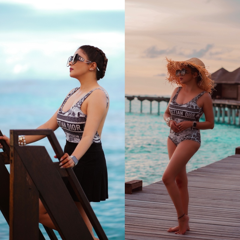Tina Dutta Basking In Christian Dior Monokini With A Hat & Glasses On Maldives Vacation 908610