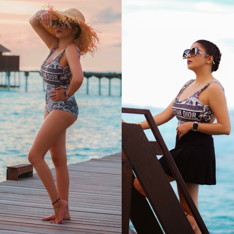 Tina Dutta Basking In Christian Dior Monokini With A Hat & Glasses On Maldives Vacation 908611