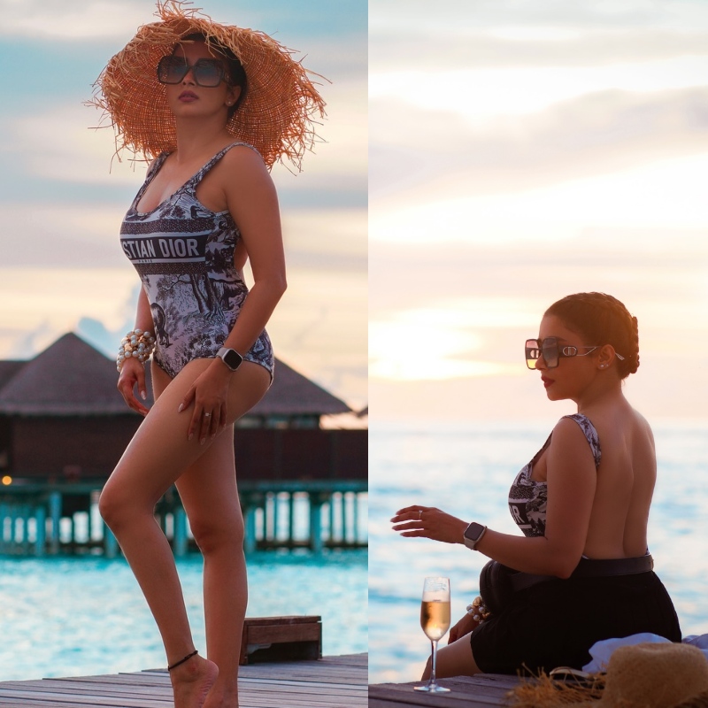 Tina Dutta Basking In Christian Dior Monokini With A Hat & Glasses On Maldives Vacation 908612