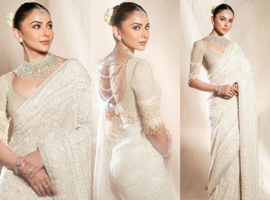 4 Beautiful Handmade Ivory Chikankari Saree Looks Of South Actresses From Rakul Preet Singh To Malavika Mohanan 913352