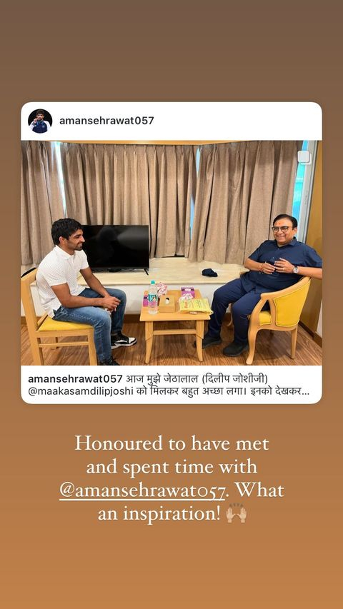 After saying he watches 'TMKOC', Olympic medalist Aman Sehrawat meets Jethalal aka Dilip Joshi 914608