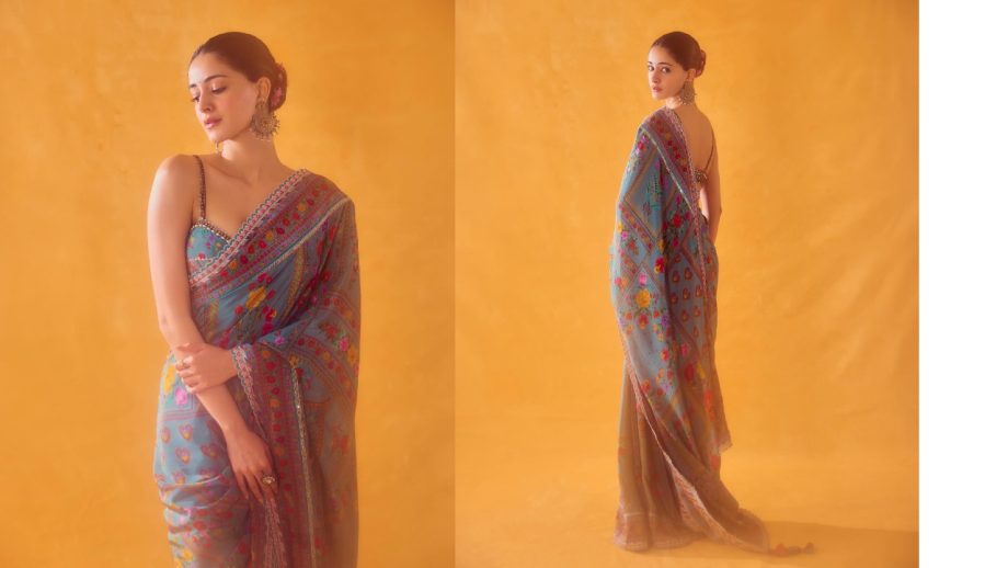 Ananya Pandey head turning look in aqua- green silk saree with bralette blouse 913449