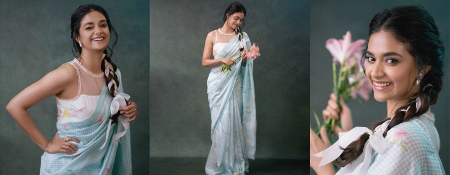 Channel Keerthy Suresh's Elegance With These 5 Stylish Blouse Designs For Simple Printed Sarees 913174