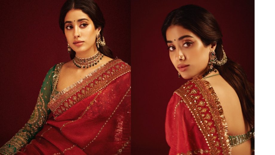 Janhvi Kapoor gorgeous look in red organza saree with trendy green full sleeves blouse 913458