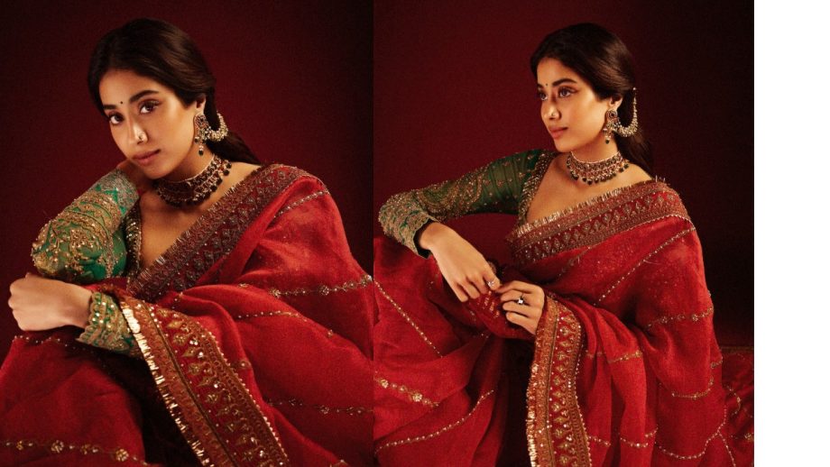 Janhvi Kapoor gorgeous look in red organza saree with trendy green full sleeves blouse 913459