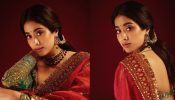 Janhvi Kapoor gorgeous look in red organza silk saree with trendy green full sleeves blouse