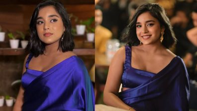 Kavya Actress Sumbul Touqeer Turns Heads In A Stunning Blue Satin Saree With Sleeveless Blouse